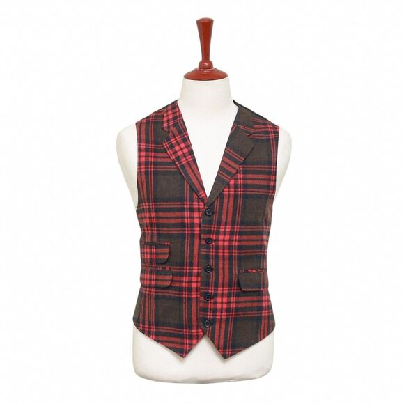 Mens Plaid Vest 44R Red Brown Wool Waistcoat XL Formal Wedding Groom Prom Party - Picture 1 of 9
